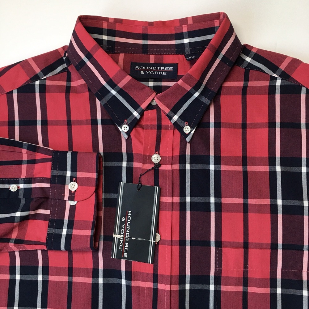 NEW!โ Roundtree & Yorke Men's XXL 2XL Long Sleeve Red Plaid Dress Shirt